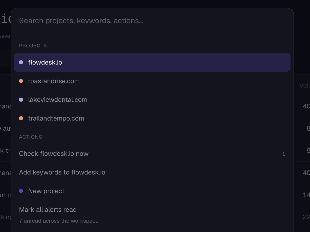 Close crop of the open command palette in the PingSerp web app, the app dimmed behind it: the search field, the workspace’s four projects, and actions such as running a check, adding keywords and marking all alerts read.