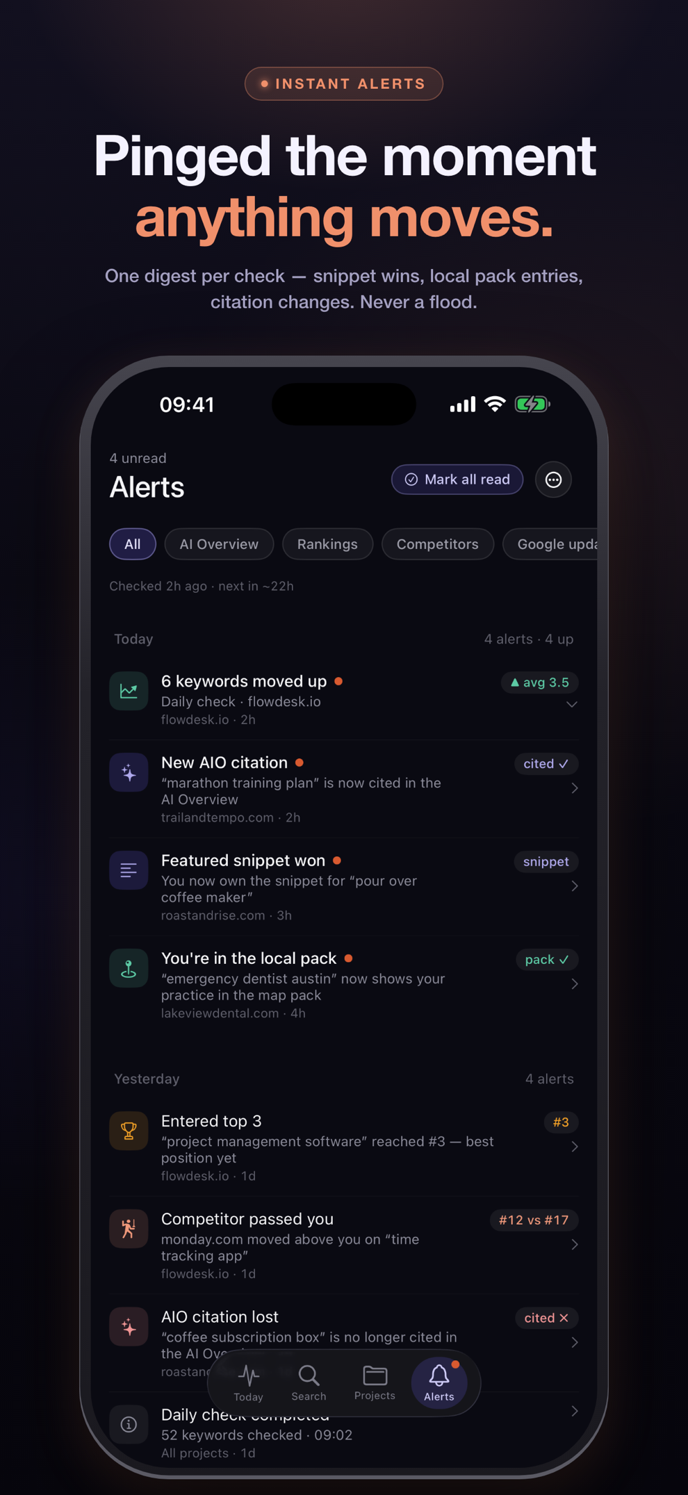 App Store artwork “Pinged the moment anything moves.”: the Alerts digest on iPhone — keywords moving up, new AI Overview citations, featured snippet wins and local pack entries, one digest per daily wave.